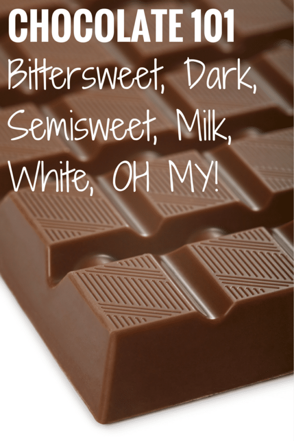 Chocolate 101: A thorough description of the different types of chocolate - unsweetened, bittersweet, dark, semisweet, milk and white, and when to use them!