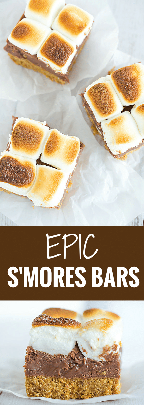 These s'mores bars boast a thick graham crust, a fudgy milk chocolate layer, and are topped with toasted marshmallows, of course!
