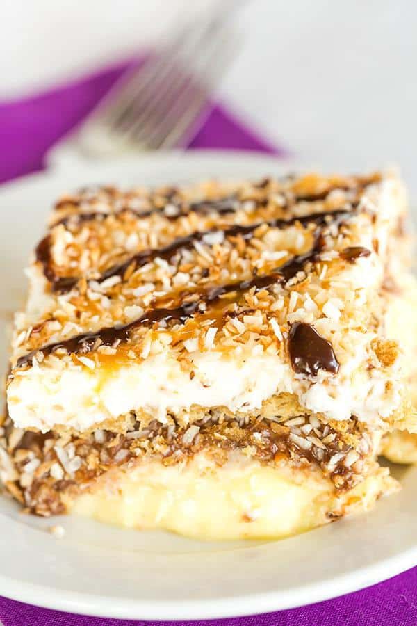 Samoa Icebox Cake: A classic no-bake dessert that features all of the classic flavors of one of the most popular Girl Scout cookies - Samoas!