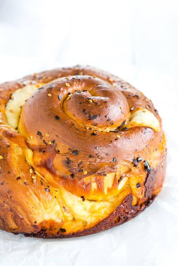 Spicy Cheese Bread - This recipe makes a huge loaf of a rich brioche-like bread loaded with provolone and Monterey Jack cheeses, and speckled with crushed red pepper flakes. | browneyedbaker.com