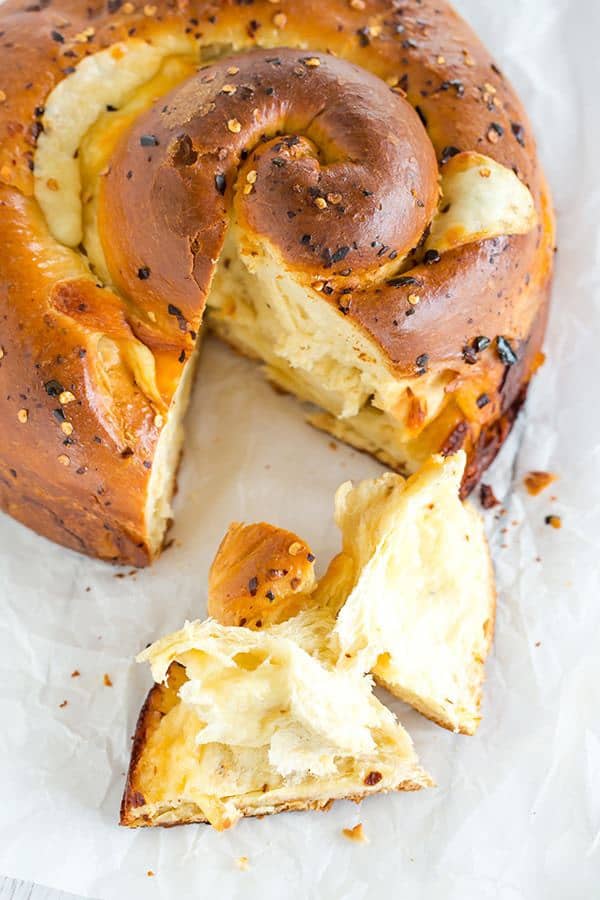 Spicy Cheese Bread - This recipe makes a huge loaf of a rich brioche-like bread loaded with provolone and Monterey Jack cheeses, and speckled with crushed red pepper flakes. | browneyedbaker.com