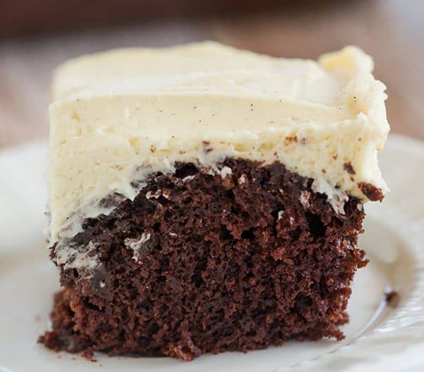 Wacky Cake! Chocolate cake with a simple vanilla frosting - the cake recipe, which uses no butter, eggs or milk, was popular during WWII when rationing was prevalent.