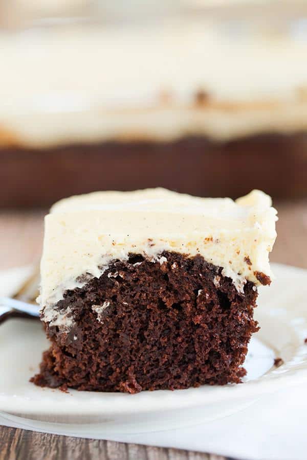 Wacky Cake! Chocolate cake with a simple vanilla frosting - the cake recipe, which uses no butter, eggs or milk, was popular during WWII when rationing was prevalent.