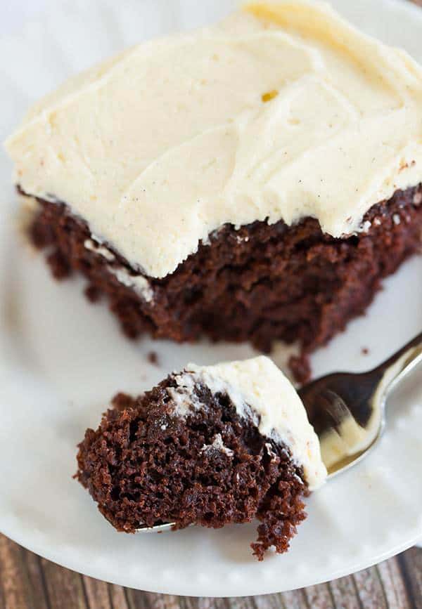 Wacky Cake! Chocolate cake with a simple vanilla frosting - the cake recipe, which uses no butter, eggs or milk, was popular during WWII when rationing was prevalent.