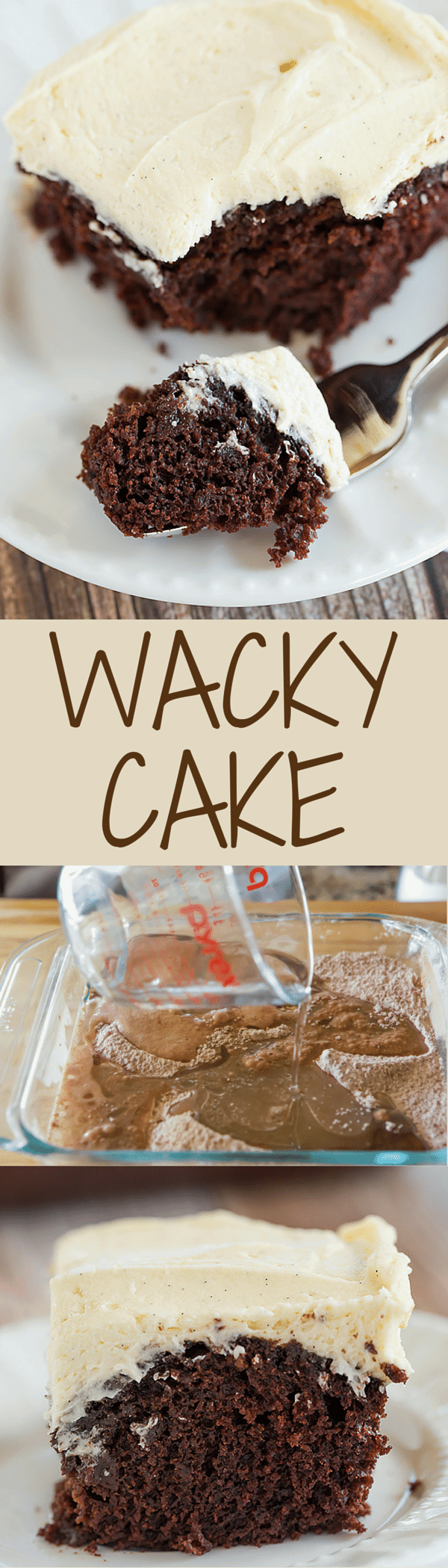 Wacky Cake! Chocolate cake with a simple vanilla frosting - the cake recipe, which uses no butter, eggs or milk, was popular during WWII when rationing was prevalent.