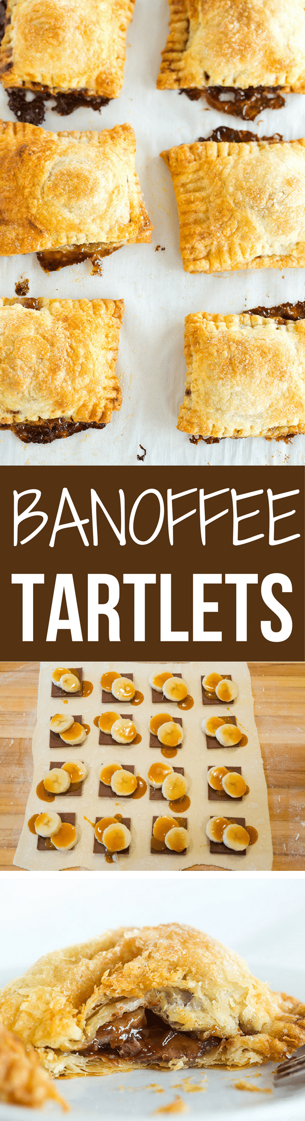 Banoffee Tartlets: A quick and easy dessert using puff pastry filled with chocolate, bananas and dulce de leche. All of the flavors of a banoffee pie without all of the work!