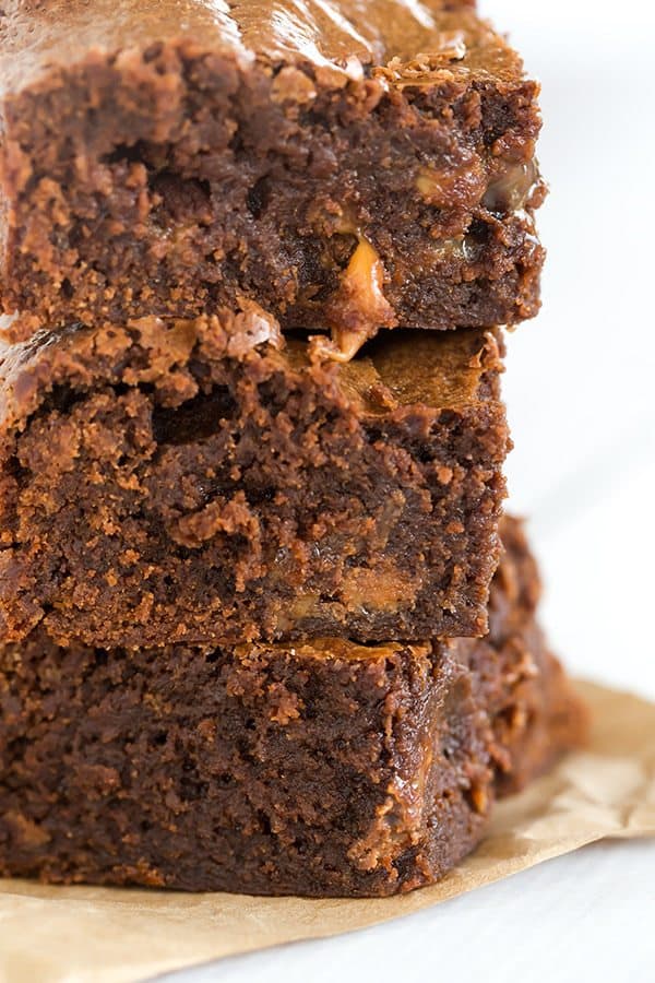 Salted Rolo Brownies: These super fudgy brownies are loaded with chopped Rolo candies, have additional candies pressed into the top of the batter, and include a healthy dose of flaked sea salt for the ultimate balance. 