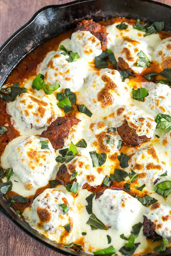 Skillet Meatball Parmesan: An easy skillet meal with awesome meatballs simmered in a tomato sauce and topped with lots of fresh mozzarella.