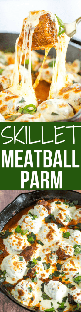 Skillet Meatball Parmesan: An easy skillet meal with awesome meatballs simmered in a tomato sauce and topped with lots of fresh mozzarella.