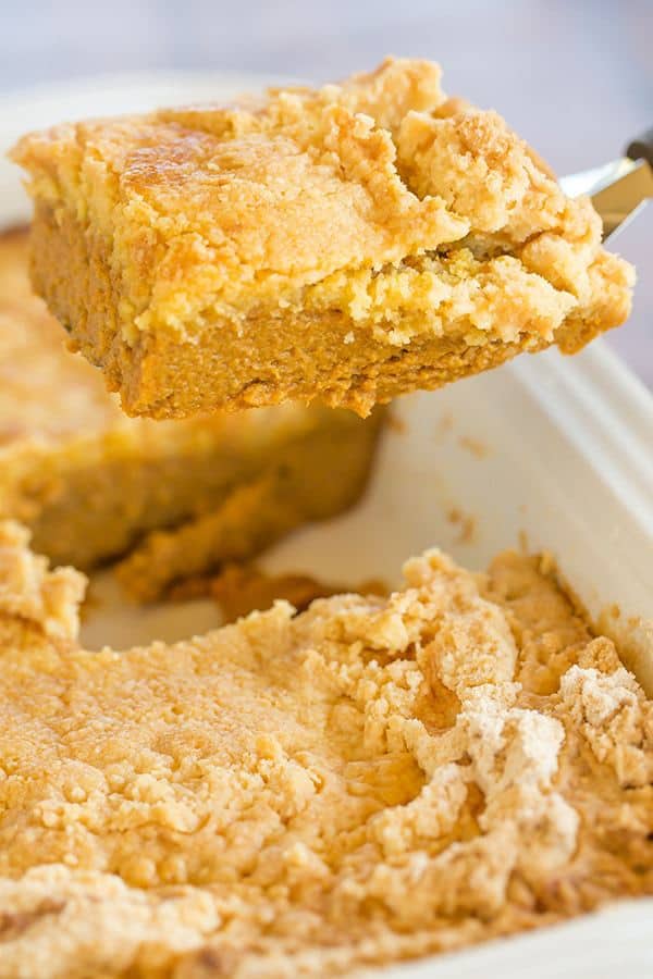 Pumpkin Yummy Dessert is made like a dump cake, with a pumpkin pie layer topped with a buttery cake layer. A quick and easy Thanksgiving dessert!