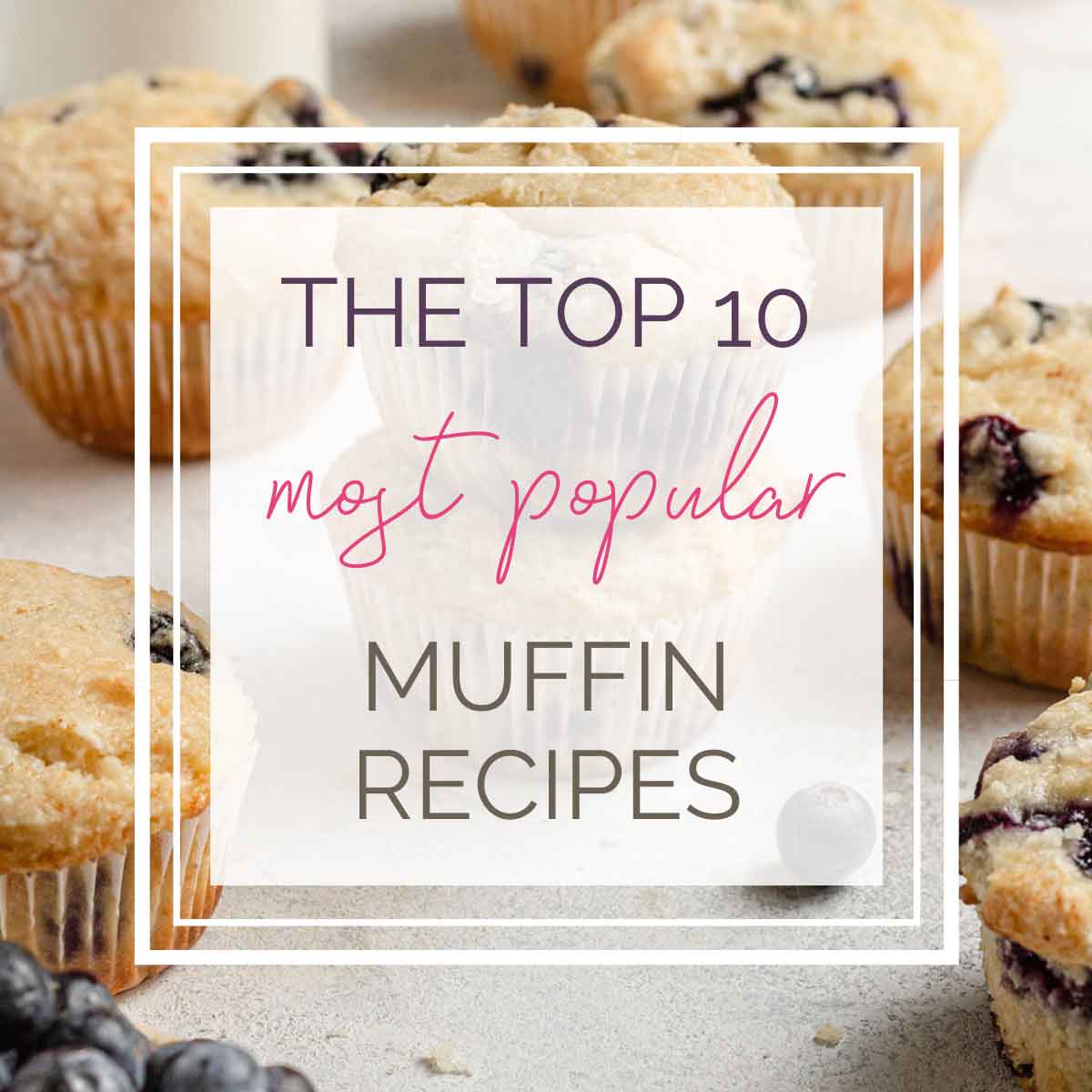 A photo of blueberry muffins with text overlay reading "The Top 10 Most Popular Muffin Recipes".