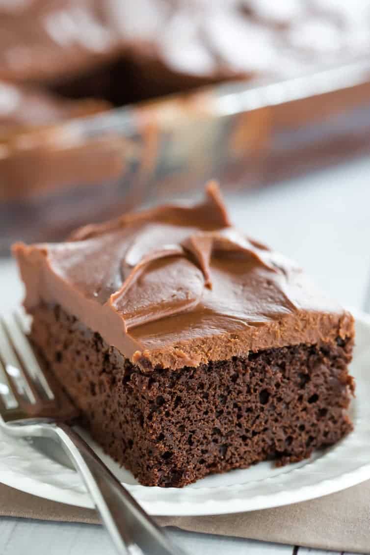 This fabulous chocolate sheet cake only requires one pot for mixing and is topped with the most amazing milk chocolate ganache frosting.