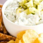 Dill pickle dip is a must for any pickle fan! Loads of pickle and dill flavor and it's perfect for dipping pretzels, chips, crackers, or veggies.