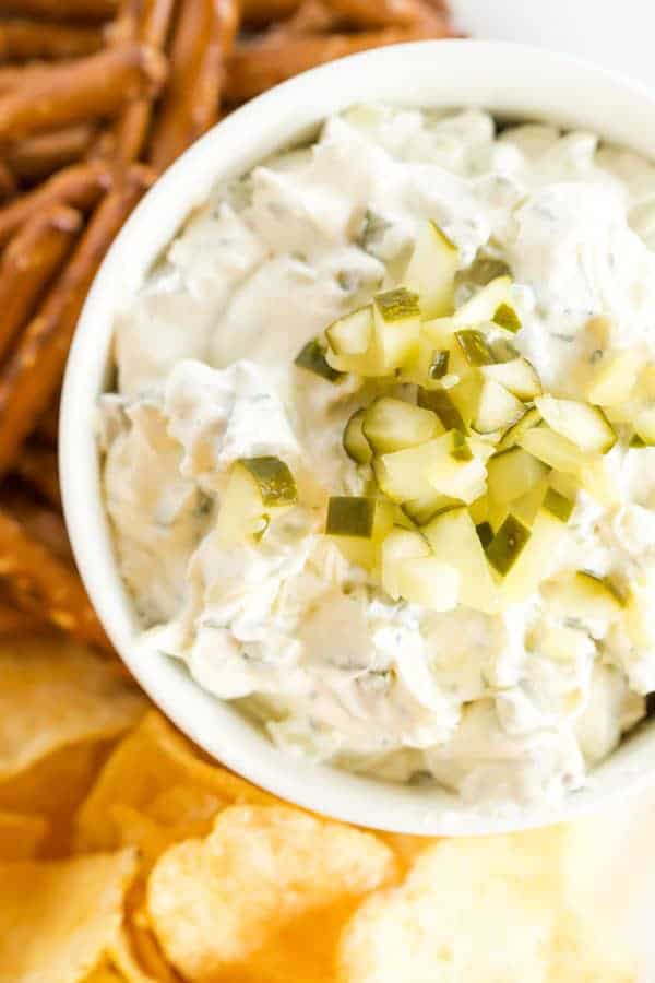 Dill pickle dip is a must for any pickle fan! Loads of pickle and dill flavor and it's perfect for dipping pretzels, chips, crackers, or veggies.