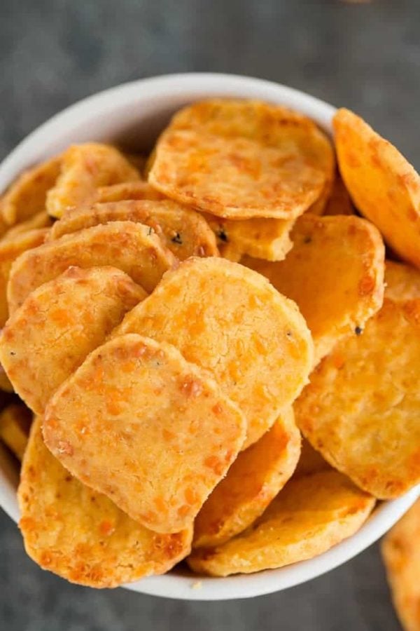 A closeup shot of homemade cheese crackers.
