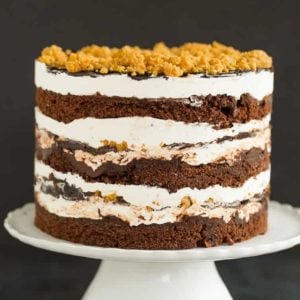 A s'mores layer cake sitting on a cake pedestal.