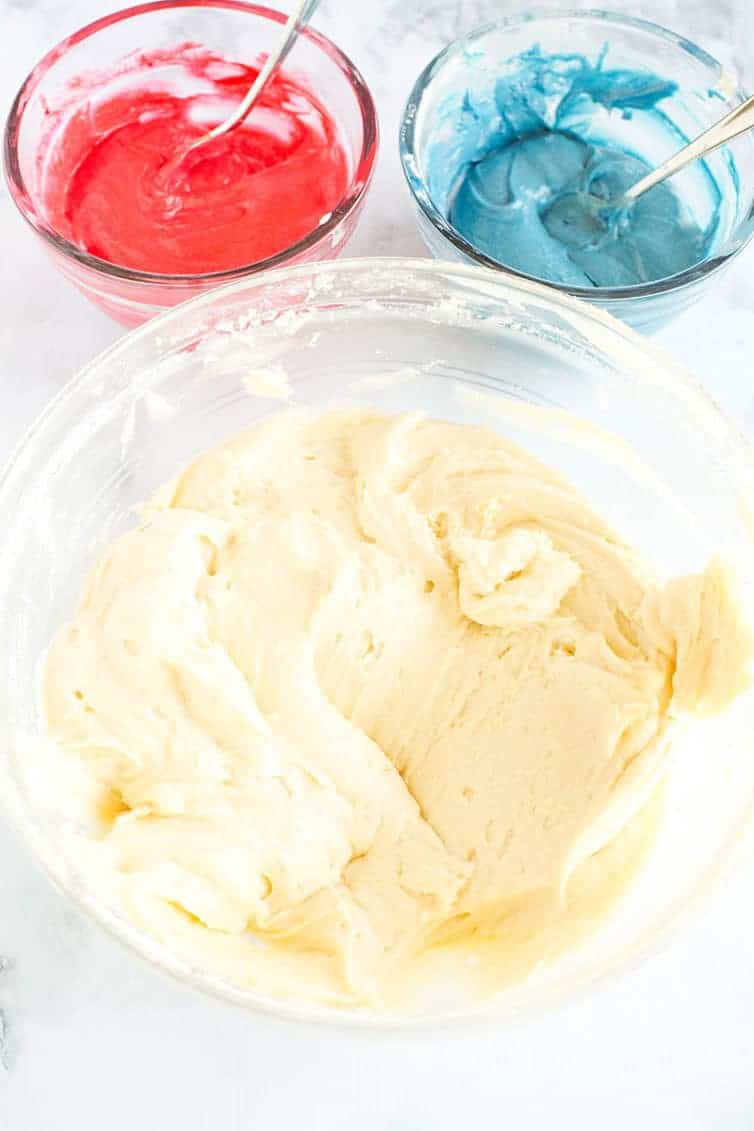 Firecracker Cake in the works with red, white and blue batter.