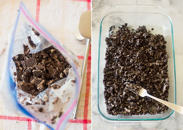 A collage of crushed Oreo cookies in a baggie and then in a pan.