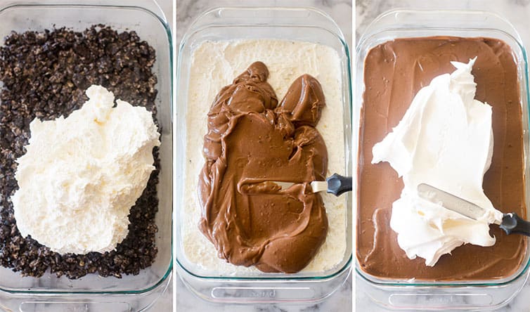 Collage of three photos showing the layers for the Oreo dessert.