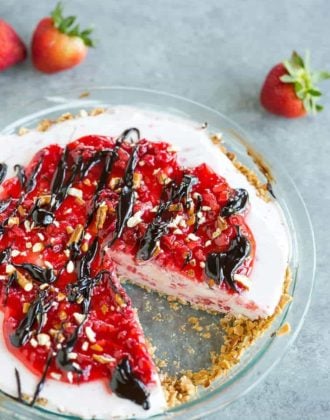 A strawberry-vanilla ice cream pie with a sugar cone and pretzel crust.