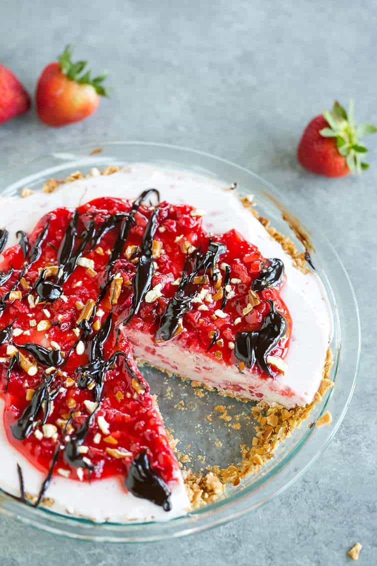 A strawberry-vanilla ice cream pie with a sugar cone and pretzel crust.