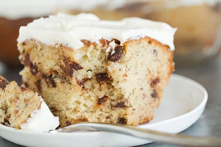 A great big bite taken out of Banana-Chocolate Chip Snack Cake