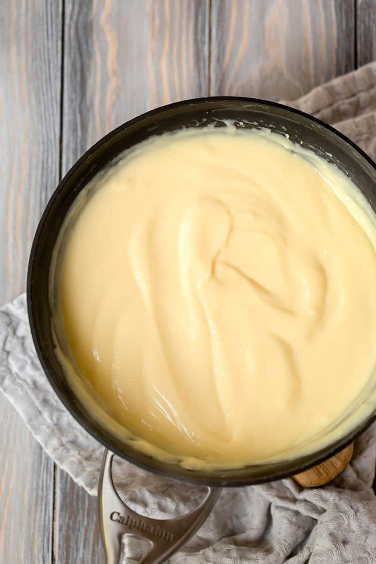 Homemade vanilla pudding in a pan.