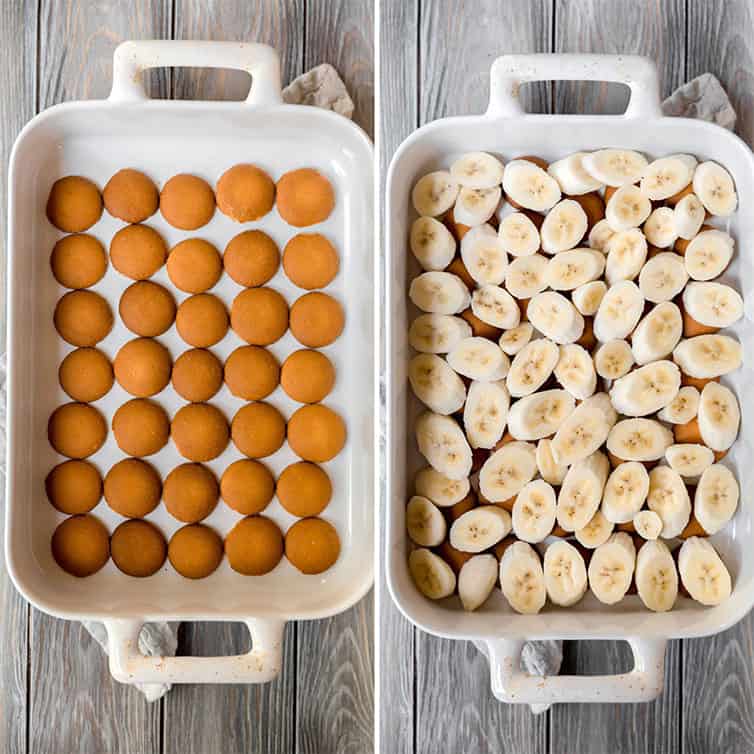 Side by side photos of a pan with vanilla wafers and bananas layered on top.