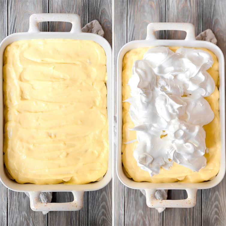 Side by side photos of pudding spread in a pan and meringue on top.