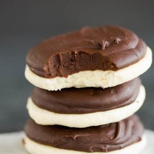 A recreation of Bergers cookies - soft vanilla cookies topped with fudge frosting.