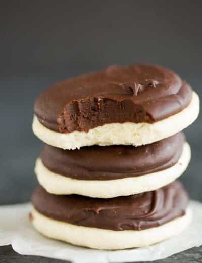 A recreation of Bergers cookies - soft vanilla cookies topped with fudge frosting.