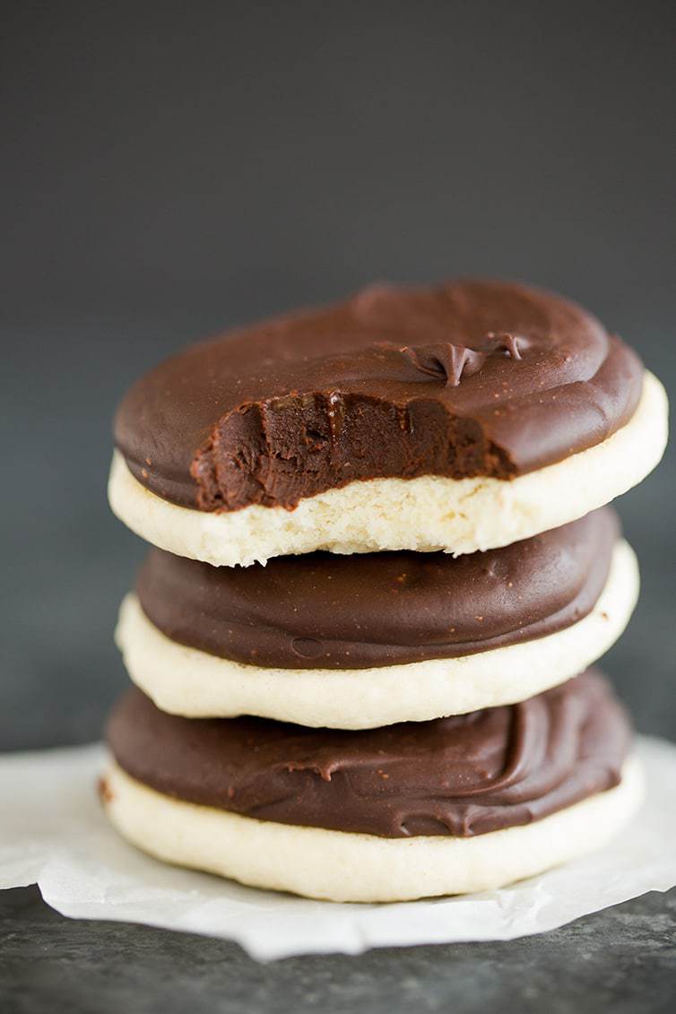 A recreation of Bergers cookies - soft vanilla cookies topped with fudge frosting.