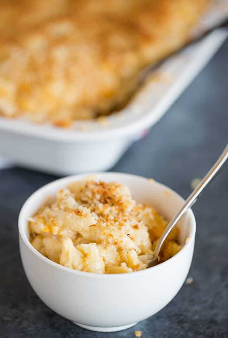 A gorgeous bowl of baked mac and cheese.