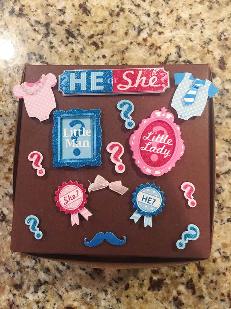 Box decorated in blue and pink for gender reveal.