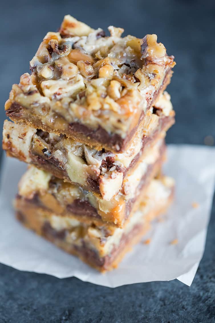 An overhead view of a stack of caramel apple magic bars.