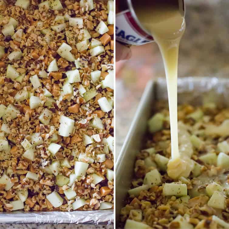 Getting the pan of caramel apple magic bars ready to bake.