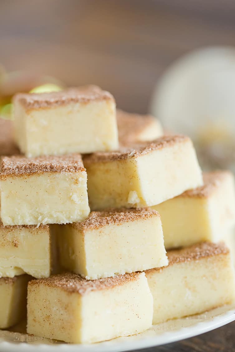 A closeup shot of squares of snickerdoodle fudge on a plate.