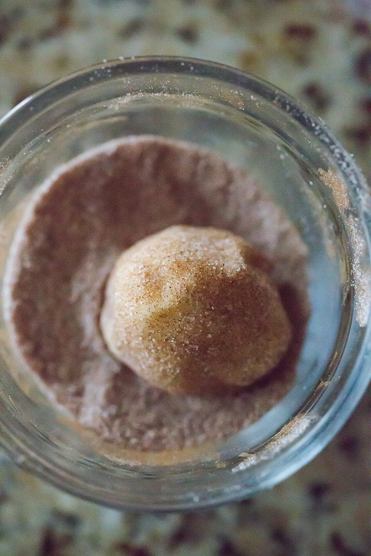 A ball of snickerdoodle dough in a bowl of cinnamon-sugar.