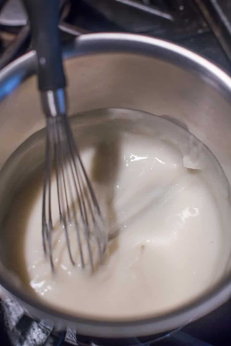 Water and flour paste in saucepan for milk bread.