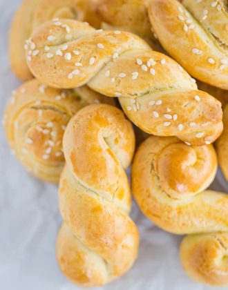 A pile of braided Greek Easter cookies (Koulourakia)