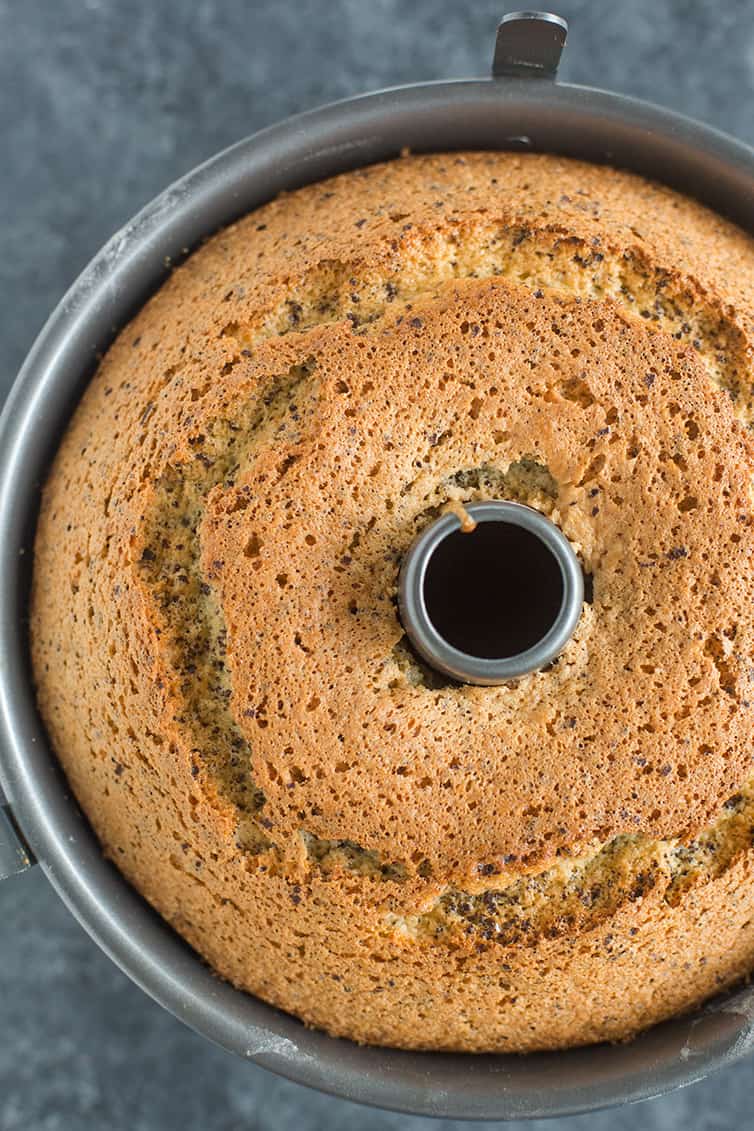 An overhead shot of the chocolate chip chiffon cake in a tube pan.
