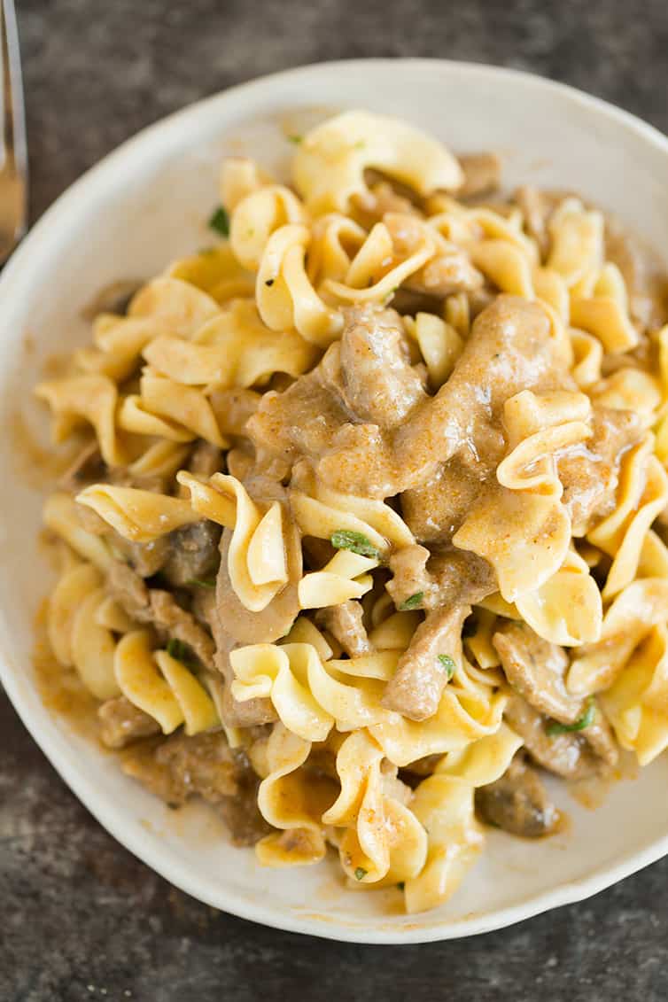 Beef stroganoff and egg noodles mixed together on a plate.