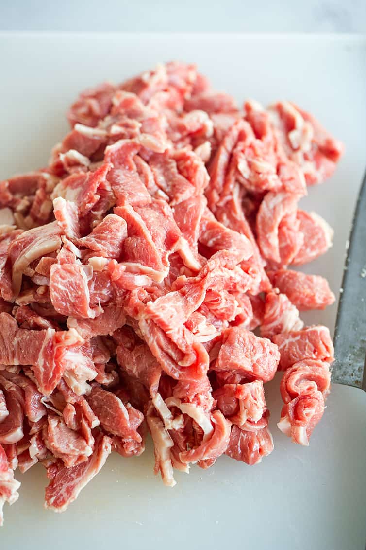 Thinly sliced ribeye for beef stroganoff.