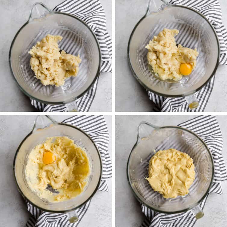 A collage of four photos showing the addition of eggs into the pate a choux dough.