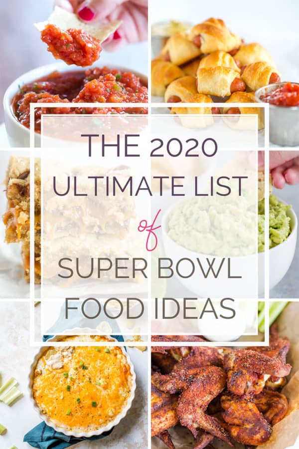 A collage of six different Super Bowl food recipes with text overlay.