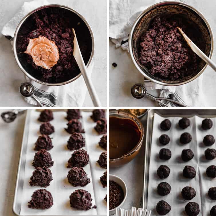 A photo collage showing the mixing and assembling of chocolate cake pops.