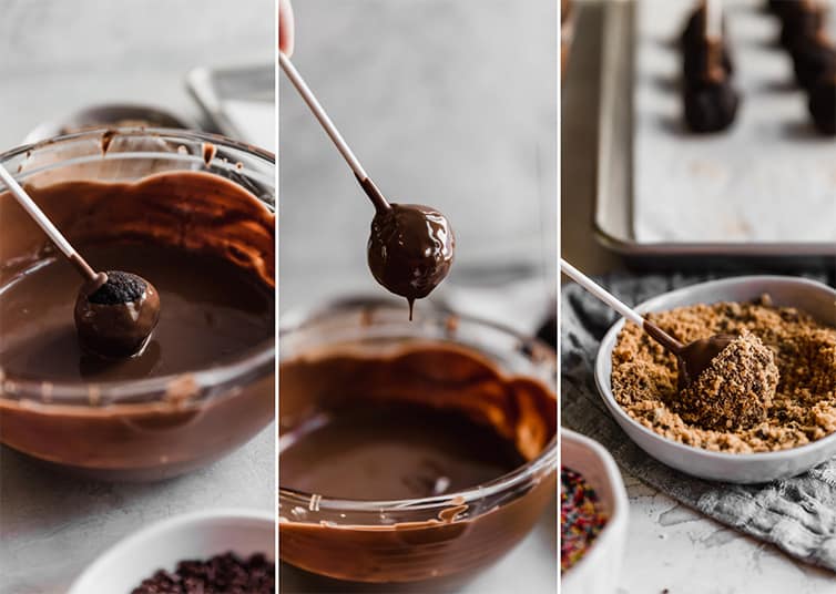 A photo collage showing a chocolate cake pop being dipped in chocolate coating and rolled in crushed cookies.