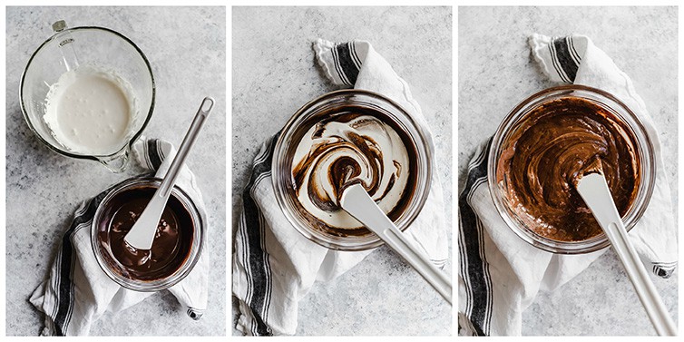 A collage of three photos showing prep steps for chocolate souffle.
