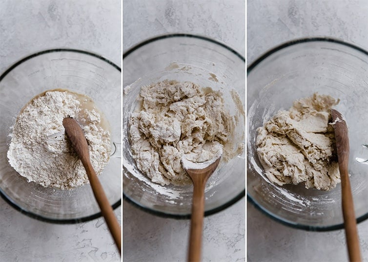 Three step-by-step photos of mixing the dough together.