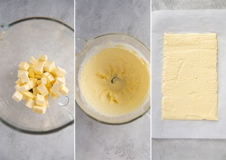 Step-by-step photos of creating a butter block for kouign-amann.